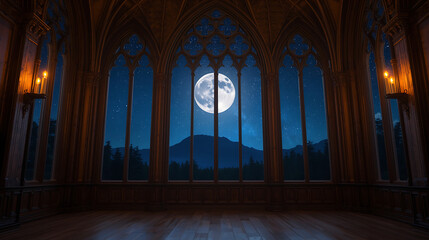 Obraz premium The gothic-style room boasts tall arched windows, a stunning night sky, ornate wood paneling, glowing wall sconces, and polished wooden floors, creating a dreamy, enchanting atmosphere.