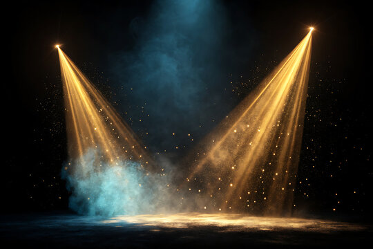Two dramatic golden spotlights illuminate a smoky stage with sparkling dust particles