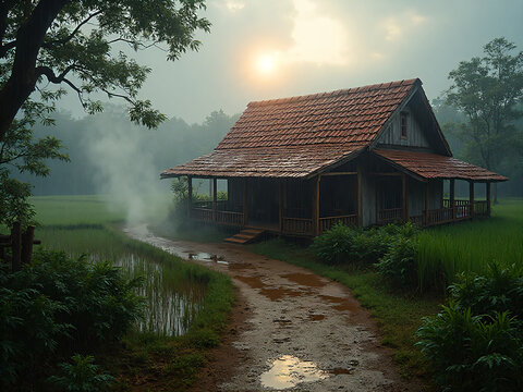 Wide 4K photo of a rustic countryside cottage (clay tile roof, wooden veranda) after heavy rain — wet red tiles glistening, thin smoke from cooking stove, mist rising from surrounding rice paddies