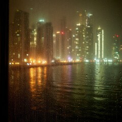Obraz premium Rainy Night Cityscape View Through Wet Window