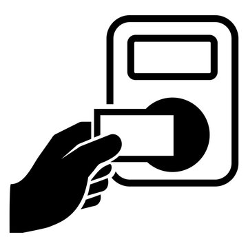 Icono con dibujo sencillo con l&iacute;neas de una mano con tarjeta de acceso en un lector de dispositivo de seguridad 