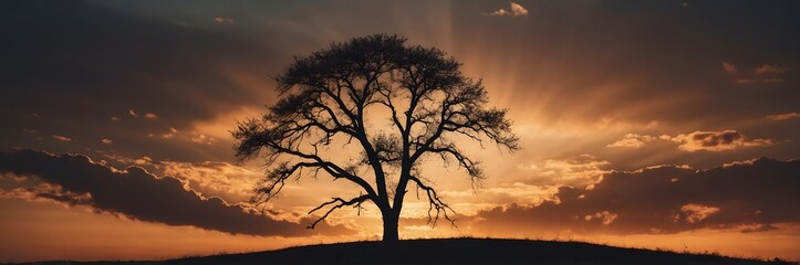 Silueta de &aacute;rbol solitario al atardecer con cielo dram&aacute;tico y rayos de sol entre nubes iluminando el horizonte