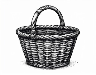 Obraz premium Wicker Basket Container with Curved Handle in Black and White Line Art Illustration