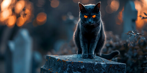 Mysterious black cat with glowing orange eyes sits on a weathered stone in a dark, atmospheric setting.