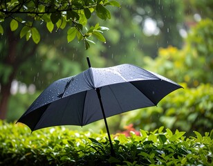 Black umbrella in the rain. Lush green foliage surrounding