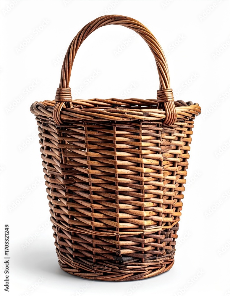 Poster close up of woven wicker basket with handle isolated on white background in studio lighting