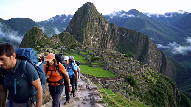 Hikers on Mountain Trail in Machu Picchu Peru Under Cloudy Sky Day