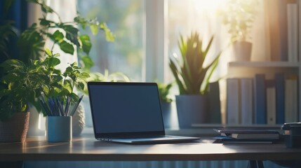 Fototapeta premium community meeting on a laptop, a peaceful home office setup with plants and books, blurred background