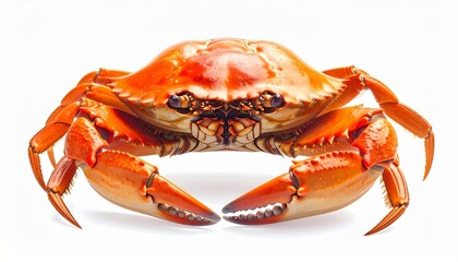 Close-up of reddish-orange crab with detailed claws and textured shell on white background for editorial marine biology seafood design and culinary-themed visuals