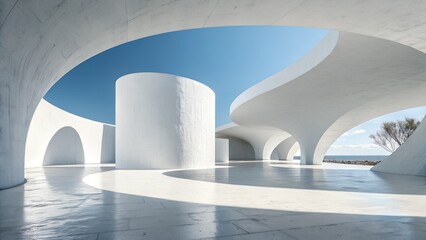 Fototapeta premium Futuristic White Structure with Ocean View – Architecture, Minimalism, Geometry, Organic Design, Coastal, Conceptual