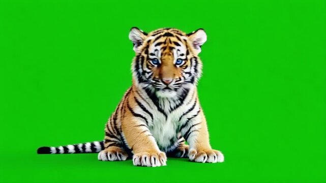 A tiger cub sitting and looking forward on a green screen with its tail visible on the left side animal green screen video
