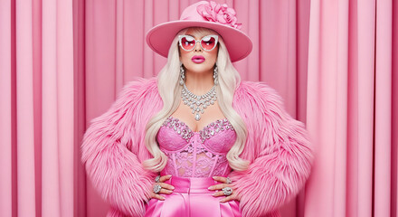 Glamorous woman in an extravagant all-pink outfit. High-fashion portrait with a bold and confident style.