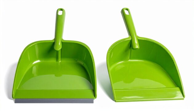 Green plastic dustpans with and without rubber edge on white background for editorial cleaning tools product comparison and household utility-themed visuals - Powered by Adobe