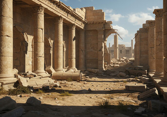 Ancient ruins with columns and debris under a clear sky