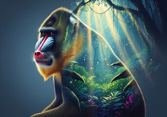 Mandrill with a mystical, luminous jungle inside