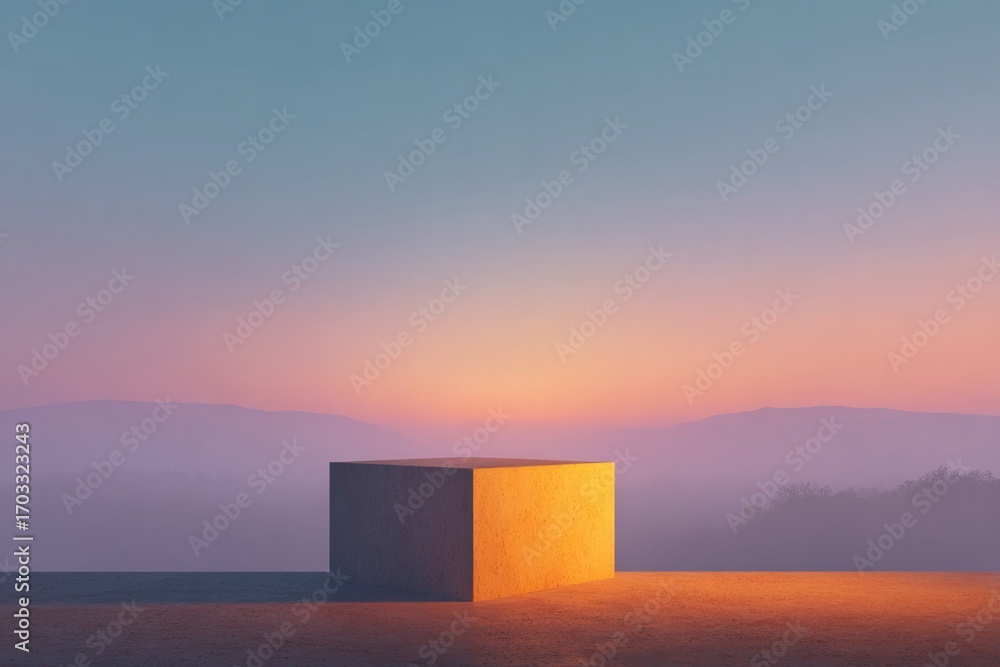 Poster minimalist cube in serene landscape, illuminated by soft twiligh