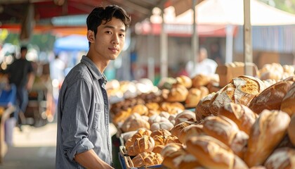 Young man buying fresh bread on an outdoor market