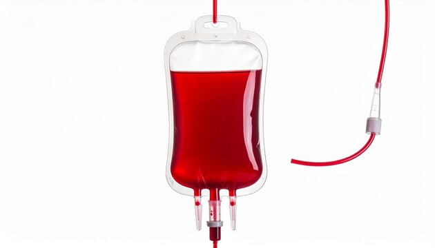 Medical blood bag with coiled red tube and blue connector for editorial healthcare photography transfusion equipment design and poetic life-saving-themed visuals