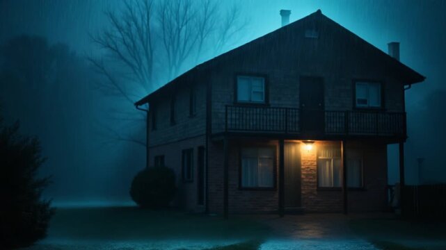 Apartment house with lantern at rainy night