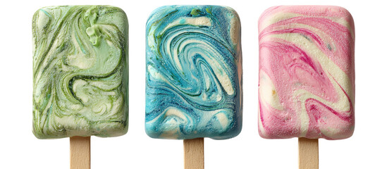 Three colorful marbled popsicles on wooden sticks
