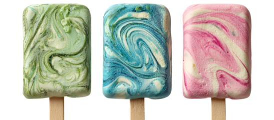 Three colorful marbled popsicles on wooden sticks