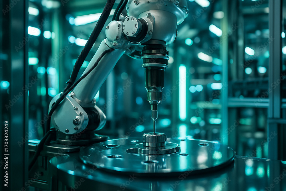 Poster ai generated image of advanced robotic arm working with precision on metal component in high tech sm