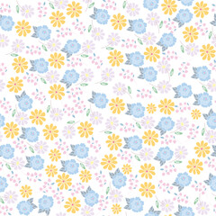coquette seamless pink and blue flowers pattern. Delicate petals and vibrant blossoms create an artistic and vintage botanical illustration. pastel flower seamless pattern