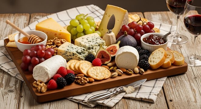Elegant Cheese Board with Wine and Fruit Arrangement.