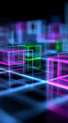 Obraz premium Abstract glowing cubes in neon grid. 