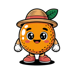 Obraz premium A cute cartoon orange with a smiling face, big eyes, and a straw hat, standing on a white background.