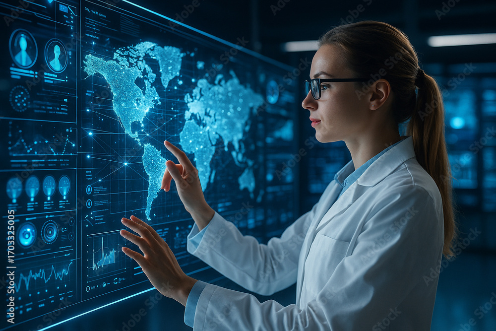 Poster ai generated ultra realistic image of a female scientist interacting with glowing holographic world 