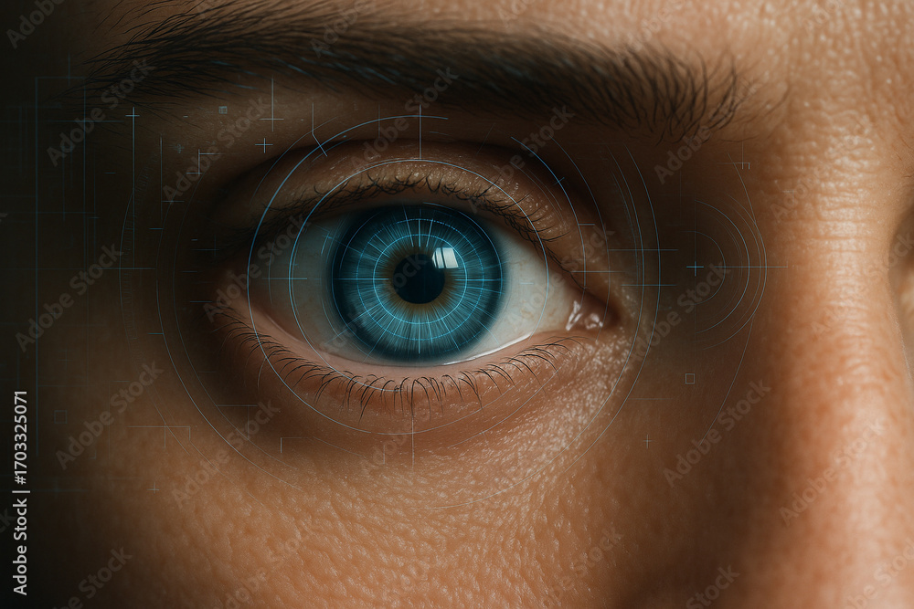 Poster ai generated close up of a human eye with glowing digital scan overlay symbolizing technology securi