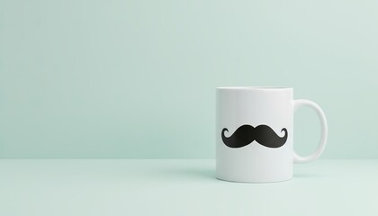 White ceramic mug with black moustache on pastel background