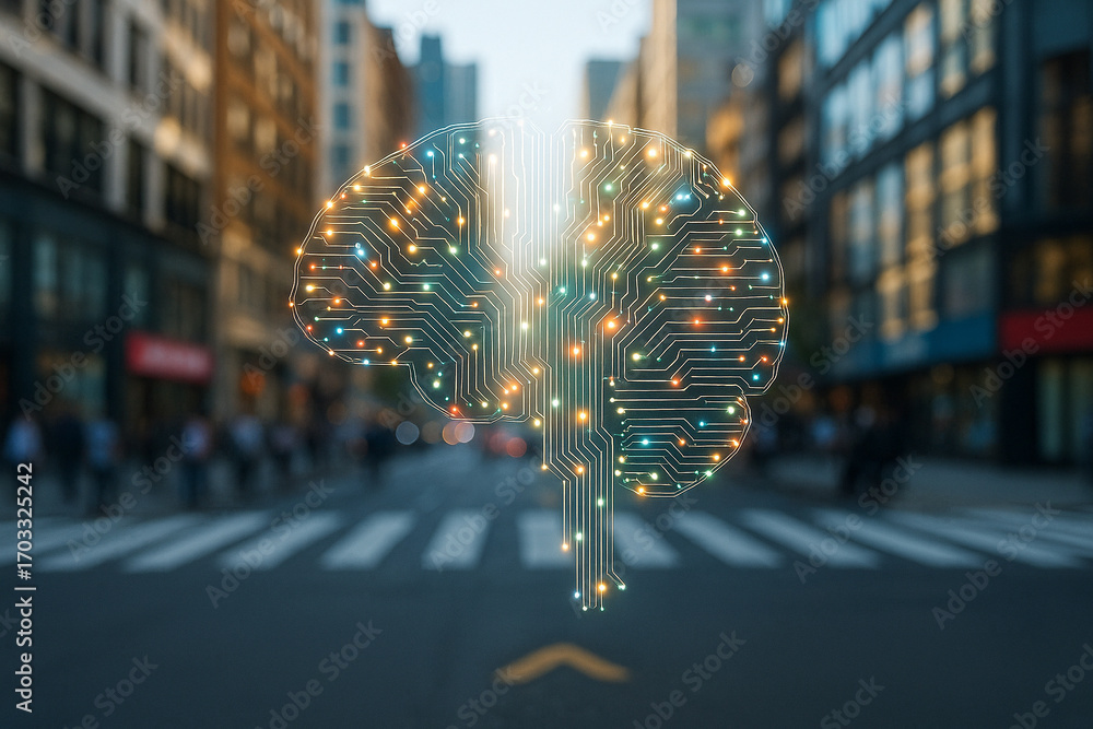 Poster ai generated digital art of a glowing brain with circuit patterns floating above a city street symbo