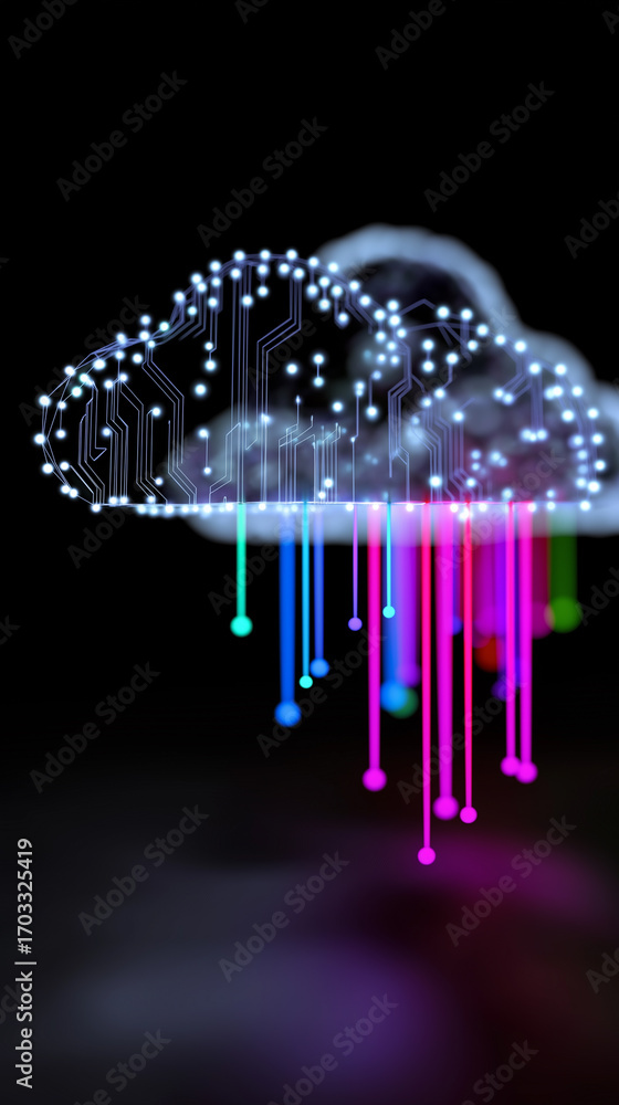 Poster digital glowing cloud symbolizing cloud computing and data storage.