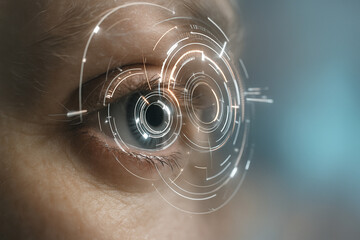 AI generated ultra realistic conceptual digital art of human eye close up with glowing holographic rings and futuristic patterns symbolizing technology and cyber connection