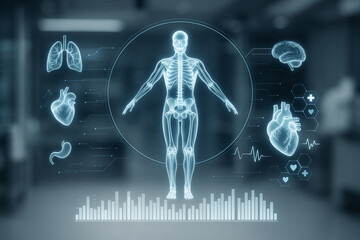 AI generated futuristic medical digital art of glowing human body hologram with skeleton organs and health data interface symbolizing advanced diagnostic technology