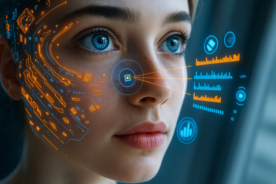 AI generated sci fi digital art of a young woman with glowing blue eyes overlaid with orange and blue holographic data graphics symbolizing human and technology fusion