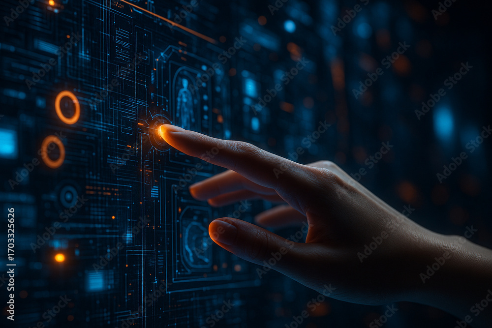Poster ai generated image of a human hand touching a glowing digital interface with blue and orange hologra