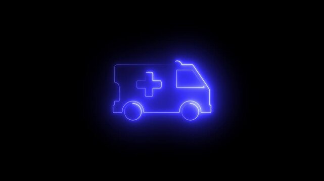 Glowing medical van. ambulance car neon light sign. Glowing bright icon ambulance car sign. Ambulance emergency service, Medical rescue service, Healthcare and medical concept.