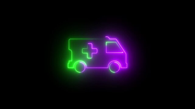 Glowing medical van. ambulance car neon light sign. Glowing bright icon ambulance car sign. Ambulance emergency service, Medical rescue service, Healthcare and medical concept.