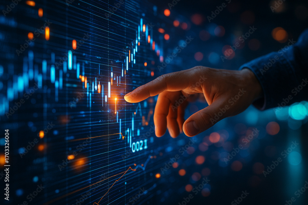 Aufkleber ai generated image of a human hand touching a glowing digital interface with data graphs and neon li