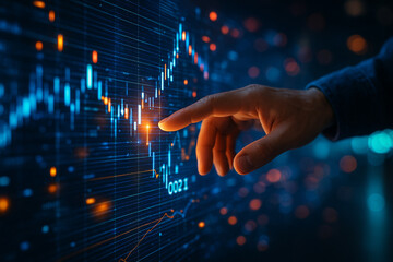 AI generated image of a human hand touching a glowing digital interface with data graphs and neon lights symbolizing big data analysis and future technology innovation