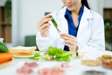 Scientist in a modern lab analyzing food samples with advanced equipment. Perfect for food science, research in  in food science and biotechnology