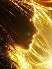Profile of a woman surrounded by glowing golden light. AI-generated.