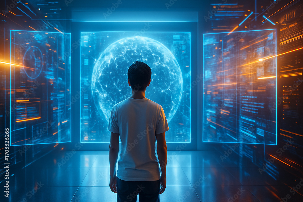 Aufkleber ai generated ultra realistic image of a person standing before glowing holographic screens with data