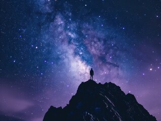 Silhouette of person on peak under starry sky. AI-generated.
