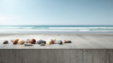 Obraz premium Seashells And Stones On Grey Concrete Beach Backdrop