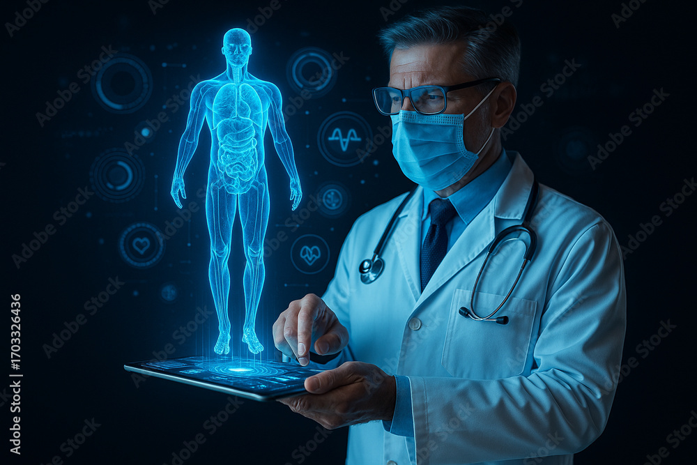 Poster ai generated ultra realistic image of doctor in white coat using tablet projecting glowing holograph
