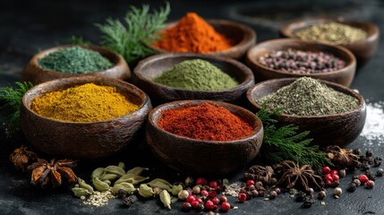 A vibrant display of various spices in wooden bowls arranged on a dark surface, showcasing colors and textures